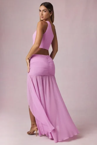 Jupe longue asymétrique froncée Romy en rose orchidée