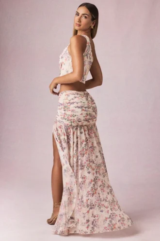 Jupe longue asymétrique froncée Romy à imprimé floral Primrose