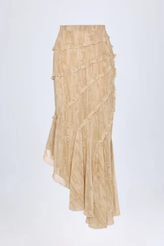 Jupe longue asymétrique à volants Novina, imprimé beige