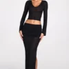Jupe longue drapée en jersey transparent à taille basse Diana, en noir