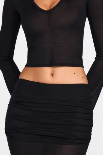 Jupe longue drapée en jersey transparent à taille basse Diana, en noir