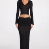 Jupe longue drapée en jersey transparent à taille basse Diana, en noir