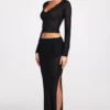 Jupe longue drapée en jersey transparent à taille basse Diana, en noir