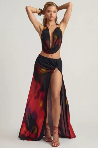Jupe longue fendue à taille mi-haute Keona, imprimé flou rouge