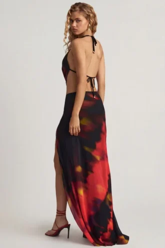 Jupe longue fendue à taille mi-haute Keona, imprimé flou rouge