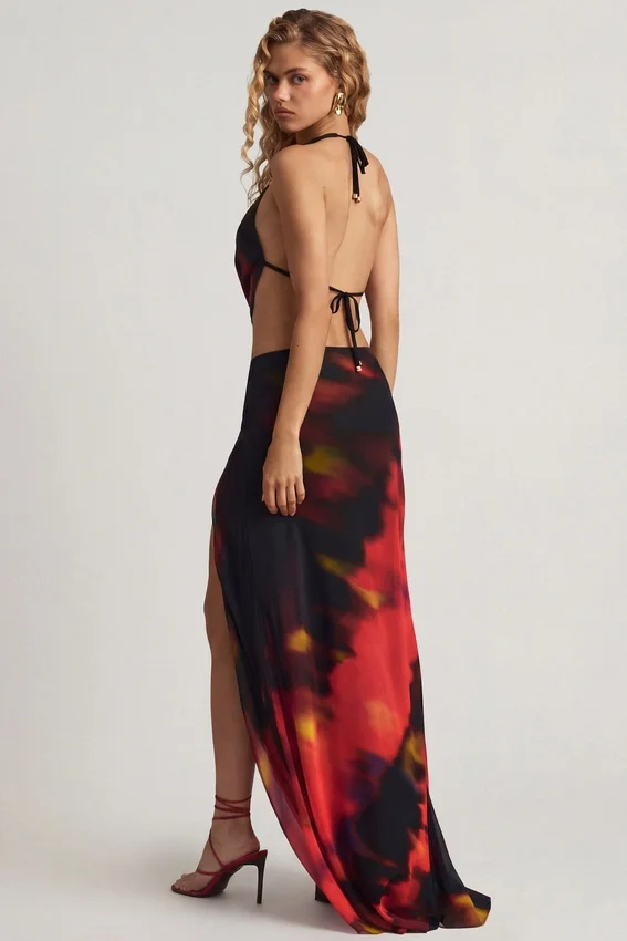 Jupe longue fendue à taille mi-haute Keona, imprimé flou rouge Jupe longue fendue à taille mi-haute Keona, imprimé flou rouge