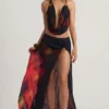 Jupe longue fendue à taille mi-haute Keona, imprimé flou rouge Jupe longue fendue à taille mi-haute Keona, imprimé flou rouge