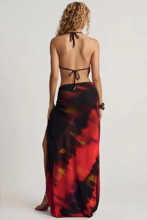 Jupe longue fendue à taille mi-haute Keona, imprimé flou rouge Jupe longue fendue à taille mi-haute Keona, imprimé flou rouge