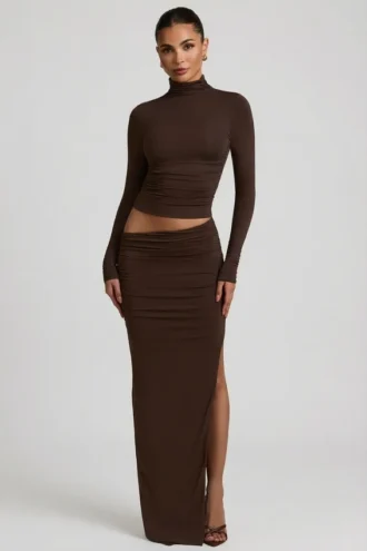 Jupe longue Nadina en modal à taille asymétrique, couleur chocolat