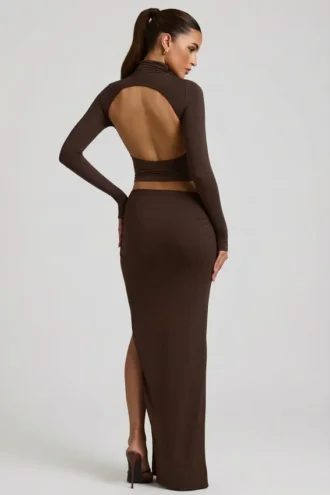 Jupe longue Nadina en modal à taille asymétrique, couleur chocolat