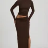 Jupe longue Nadina en modal à taille asymétrique, couleur chocolat Jupe longue Nadina en modal à taille asymétrique, couleur chocolat
