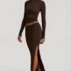 Jupe longue Nadina en modal à taille asymétrique, couleur chocolat Jupe longue Nadina en modal à taille asymétrique, couleur chocolat