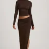 Jupe longue Nadina en modal à taille asymétrique, couleur chocolat Jupe longue Nadina en modal à taille asymétrique, couleur chocolat