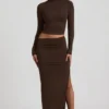 Jupe longue Nadina en modal à taille asymétrique, couleur chocolat Jupe longue Nadina en modal à taille asymétrique, couleur chocolat