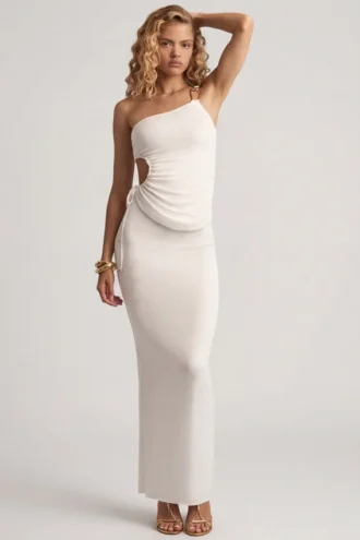 Jupe longue taille basse en jersey texturé Elena, blanche