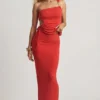 Jupe longue taille basse en jersey texturé Elena, couleur rouge piment