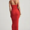 Jupe longue taille basse en jersey texturé Elena, couleur rouge piment