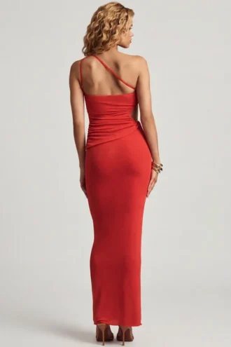 Jupe longue taille basse en jersey texturé Elena, couleur rouge piment