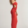 Jupe longue taille basse en jersey texturé Elena, couleur rouge piment