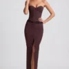 Jupe longue taille basse à fines rayures Liora, couleur chocolat