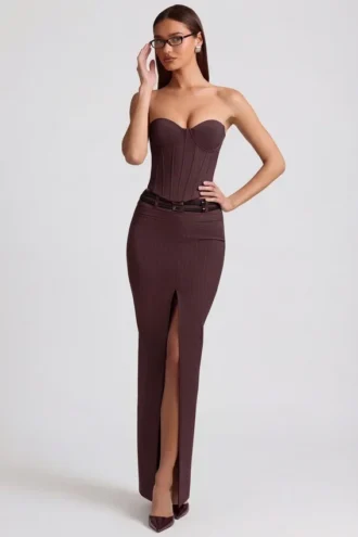 Jupe longue taille basse à fines rayures Liora, couleur chocolat