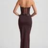 Jupe longue taille basse à fines rayures Liora, couleur chocolat