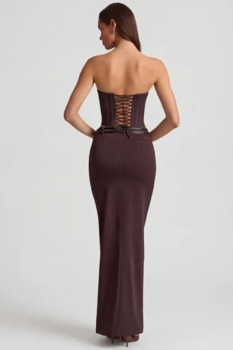 Jupe longue taille basse à fines rayures Liora, couleur chocolat