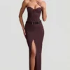 Jupe longue taille basse à fines rayures Liora, couleur chocolat
