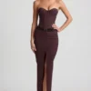 Jupe longue taille basse à fines rayures Liora, couleur chocolat