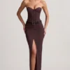 Jupe longue taille basse à fines rayures Liora, couleur chocolat