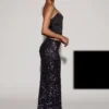 Jupe longue à taille mi-haute et fente sur la cuisse Nevara, ornée de paillettes, en noir-violet Jupe longue à taille mi-haute et fente sur la cuisse Nevara, ornée de paillettes, en noir-violet