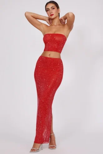 Jupe longue à taille mi-haute Fausta ornée, couleur rouge feu