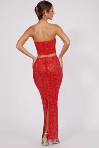 Jupe longue à taille mi-haute Fausta ornée, couleur rouge feu