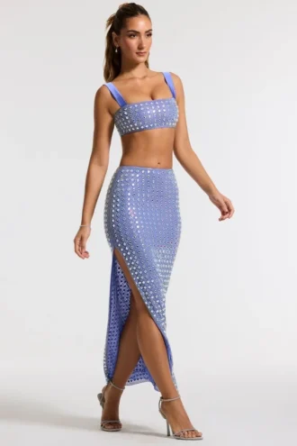 Jupe longue à taille mi-haute Siona ornée, couleur bleue