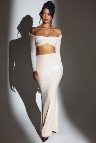 Jupe longue taille moyenne en velours Nixie, couleur ivoire