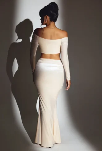 Jupe longue taille moyenne en velours Nixie, couleur ivoire