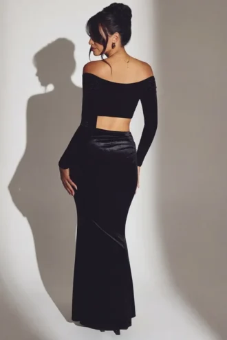 Jupe longue taille moyenne en velours Nixie, couleur noir jais