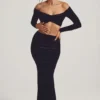 Jupe longue taille moyenne en velours Nixie, couleur noir jais Jupe longue taille moyenne en velours Nixie, couleur noir jais