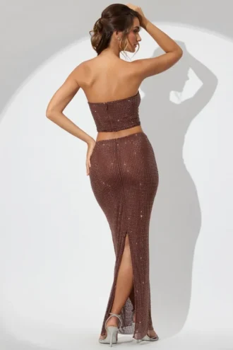 Jupe longue taille moyenne Fausta ornée, couleur espresso