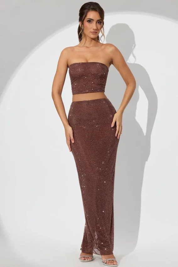 Jupe longue taille moyenne Fausta ornée, couleur espresso Jupe longue taille moyenne Fausta ornée, couleur espresso