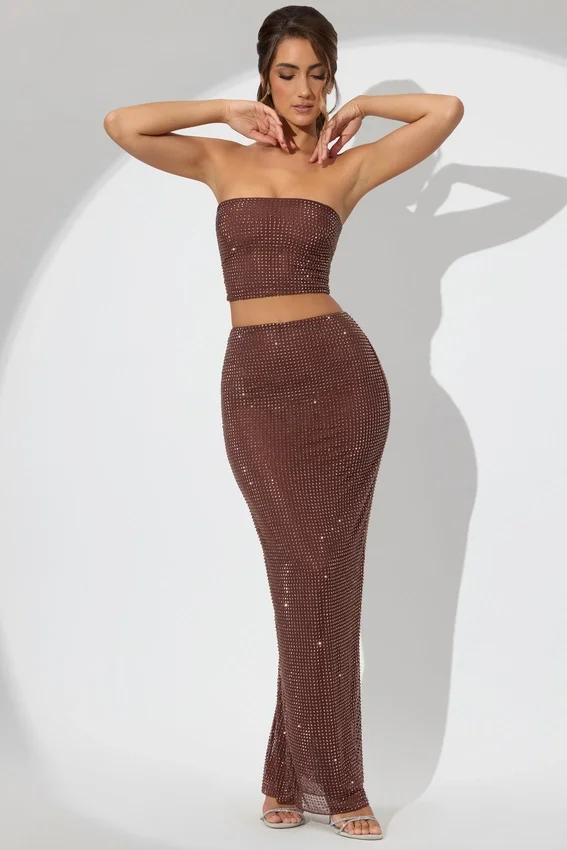 Jupe longue taille moyenne Fausta ornée, couleur espresso Jupe longue taille moyenne Fausta ornée, couleur espresso