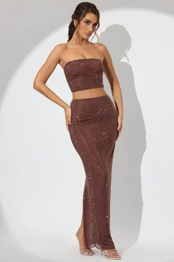 Jupe longue taille moyenne Fausta ornée, couleur espresso Jupe longue taille moyenne Fausta ornée, couleur espresso