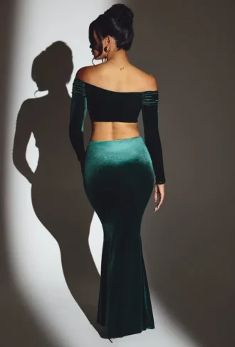 Jupe longue taille moyenne Nixie en velours vert émeraude