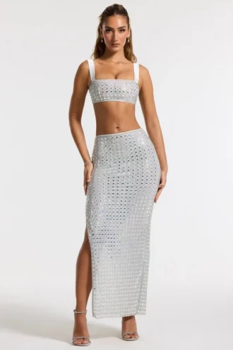 Jupe longue taille moyenne Siona ornée, couleur argent