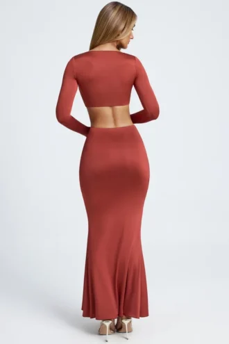 Jupe longue évasée Adena avec détails métalliques, couleur marron auburn