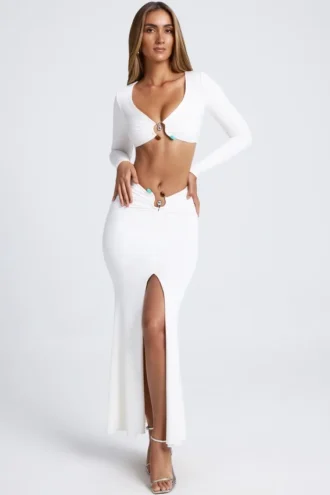 Jupe longue évasée Adena avec détails métalliques, en blanc