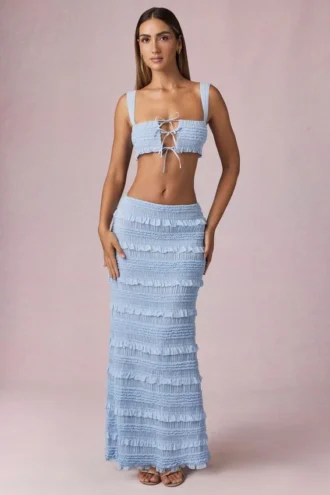 Jupe longue à volants taille mi-haute Orena, bleu poudré