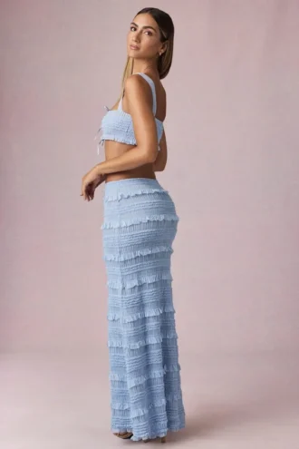 Jupe longue à volants taille mi-haute Orena, bleu poudré