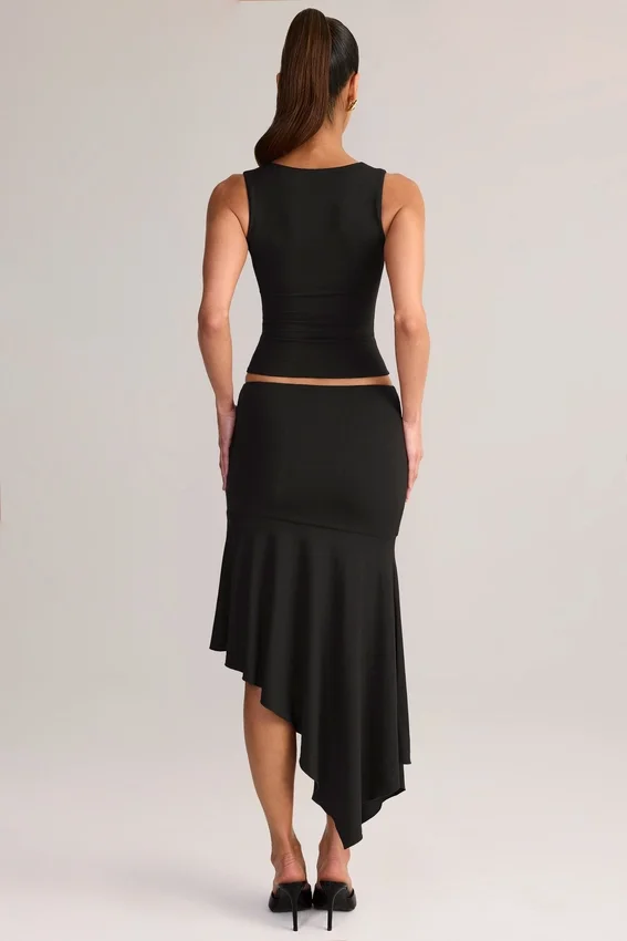 Jupe mi-longue asymétrique taille basse Niva en modal noir Jupe mi-longue asymétrique taille basse Niva en modal noir