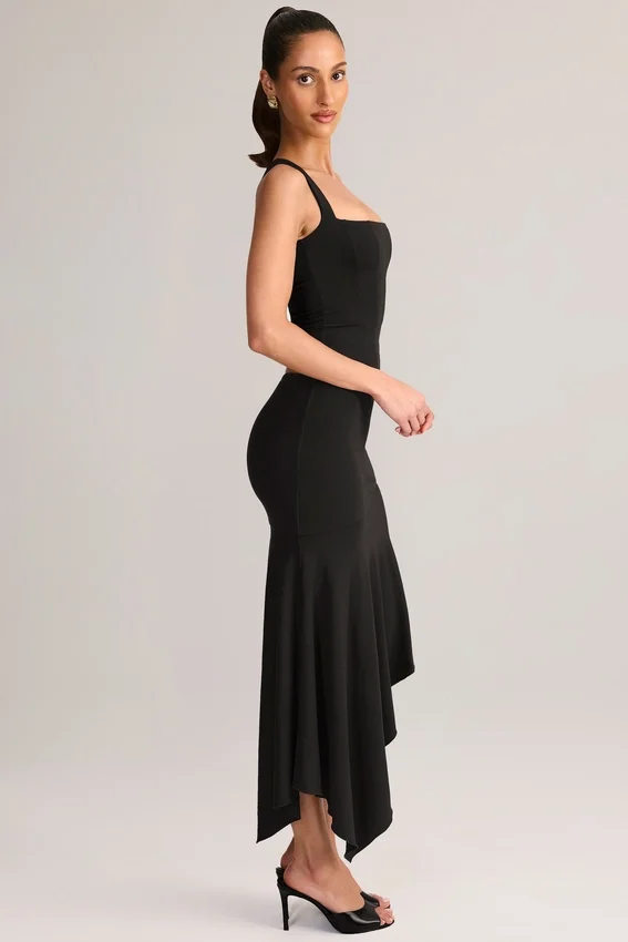 Jupe mi-longue asymétrique taille basse Niva en modal noir Jupe mi-longue asymétrique taille basse Niva en modal noir